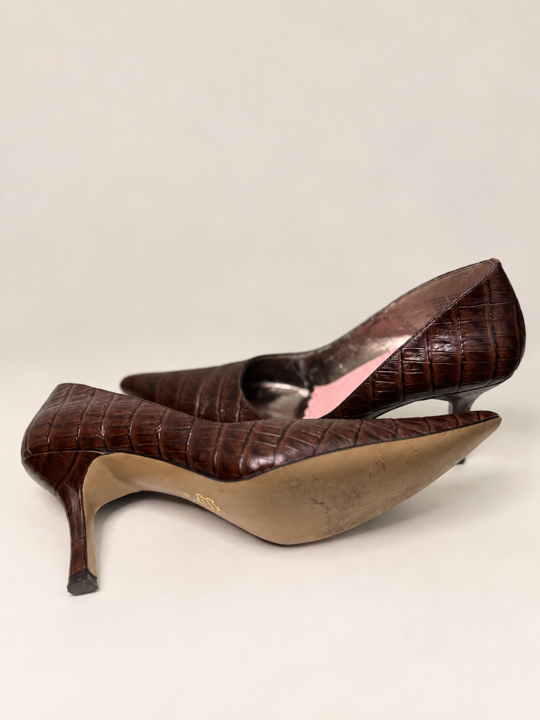 B.P. Brown Croc-Embossed Leather Pointed-Toe Pumps