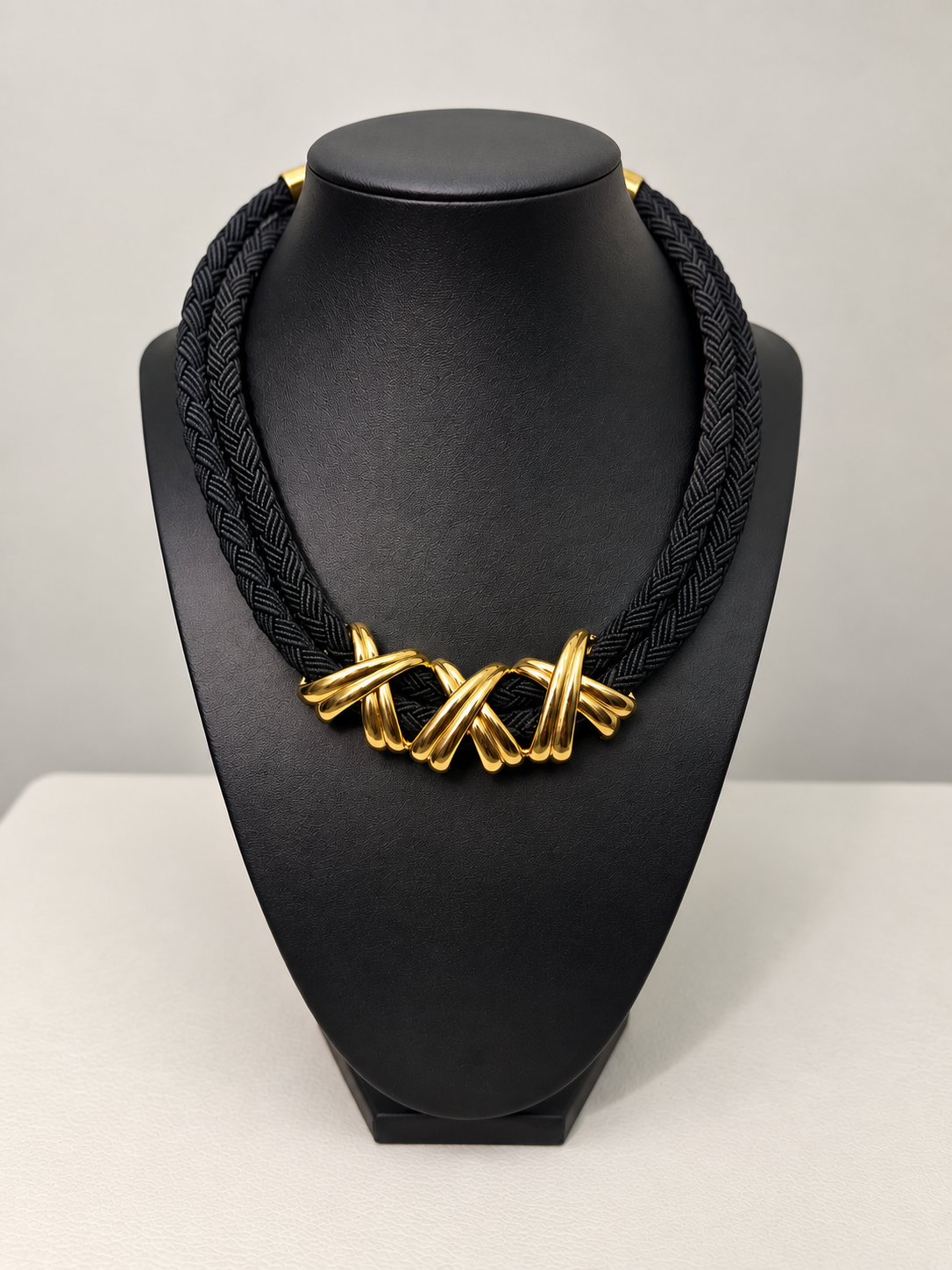 Vintage Black Braided Cord & Gold-Tone Statement Necklace
