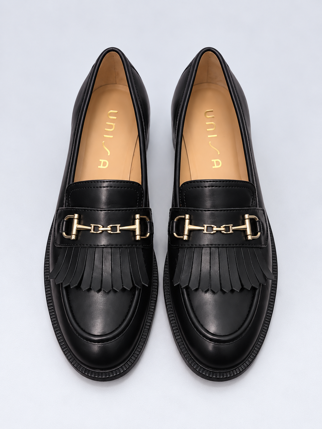 Unisa black leather horsebit loafers top view