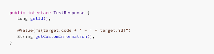 Programming code snippet with "public interface TestResponse" in purple. Methods include getId() and getCustomInformation() with annotations.