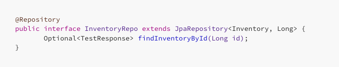 Java interface code with `InventoryRepo` extending `JpaRepository`. Highlights include method `findInventoryById(Long id)`.
