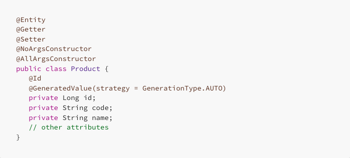 Java class snippet defining a 'Product' entity with annotations for getters, setters, constructors. Attributes include id, code, and name.