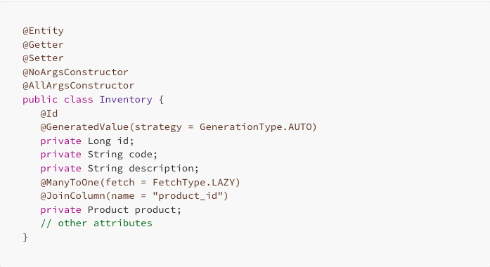 Java class code snippet defining an `Inventory` entity with annotations like `@Entity` and `@Getter` for a database model.