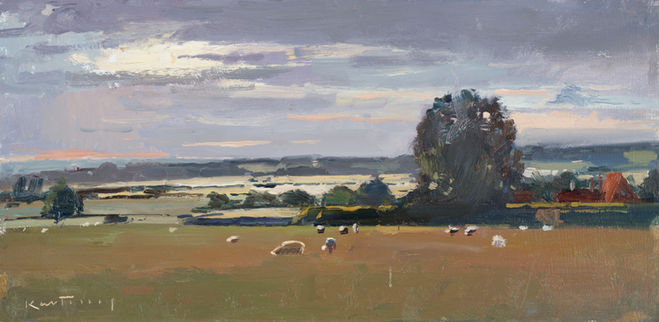 Karl Terry, oil on board, painting, Sheep in the Setting Sun