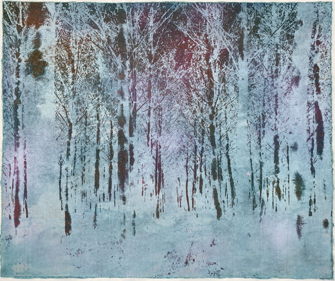 Nick Archer, Forest in Gold, hand coloured solar plate etching