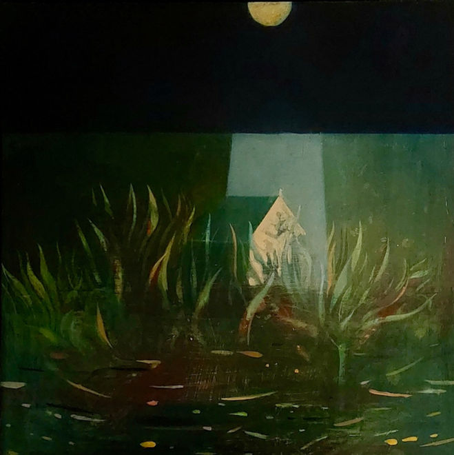 House at Night, oil on board, Emma Turpin, painting