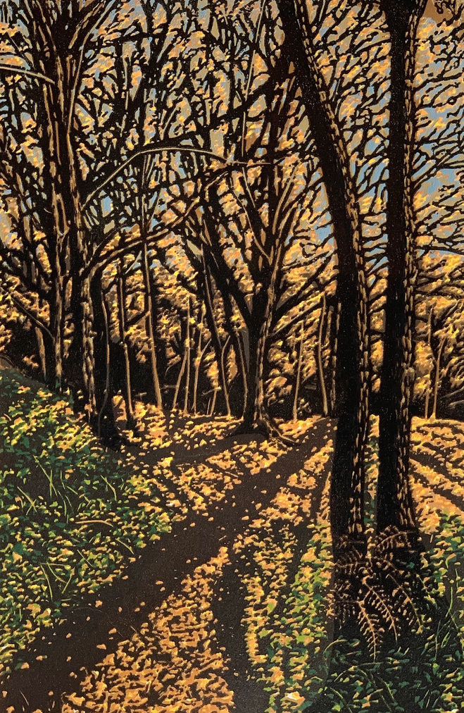 Jennifer Jokhoo, Autumn Gold , Unframed reduction linocut, from an edition of 16, print 