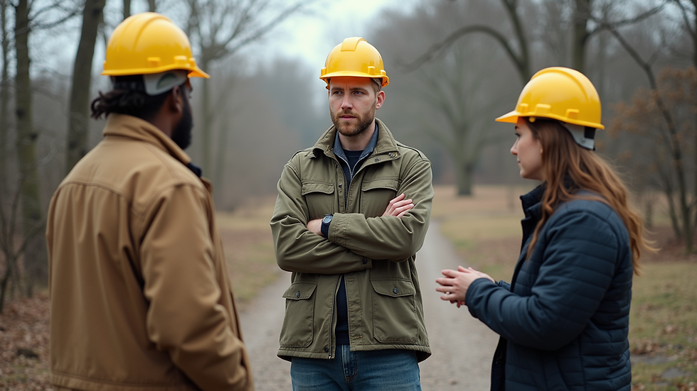 Eye-level view of a community maintenance team discussing repair strategies