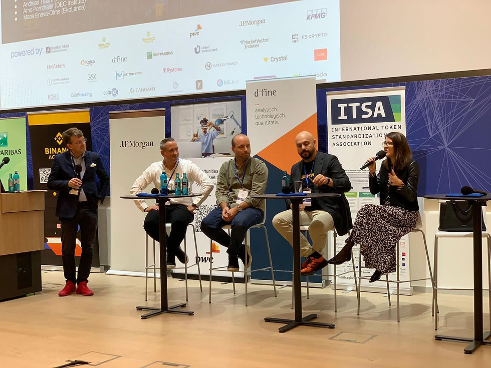 EkoLance CEO Maria-Eneva-Olms and other panelists at the Crypto Assets Conference in Frankfurt