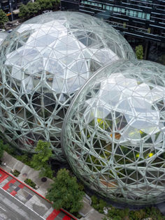 The Amazon Spheres on Amazon’s Seattle headquarters campus, photographed from outside.