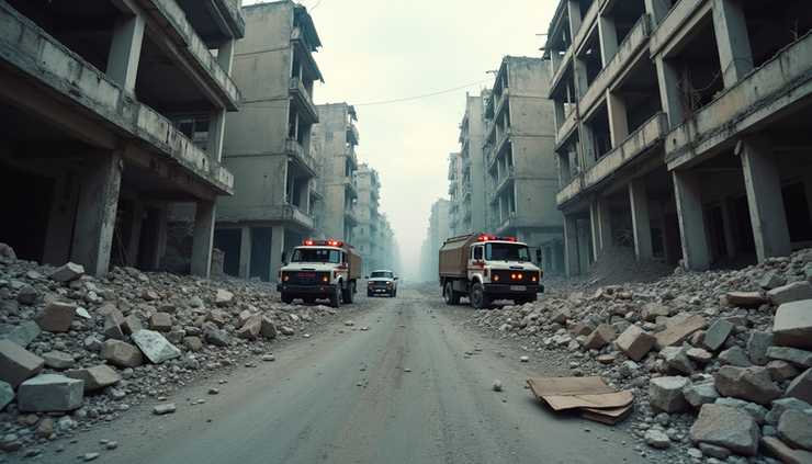 Wide angle view of a damaged street with destroyed buildings and emergency vehicles