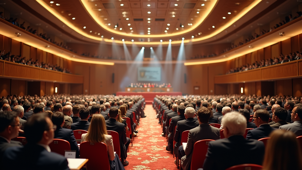 Eye-level view of a large international conference hall filled with delegates