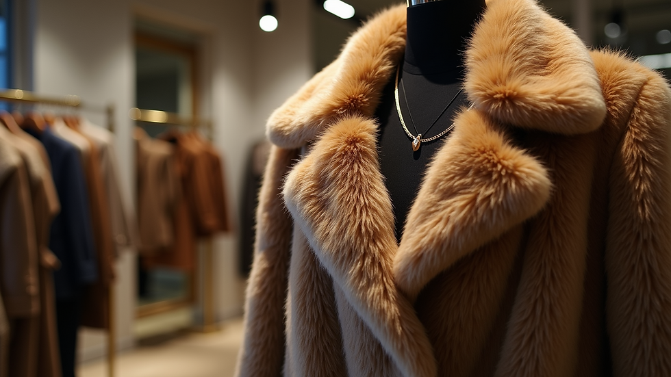 Eye-level view of fur coat displayed in a high-end boutique