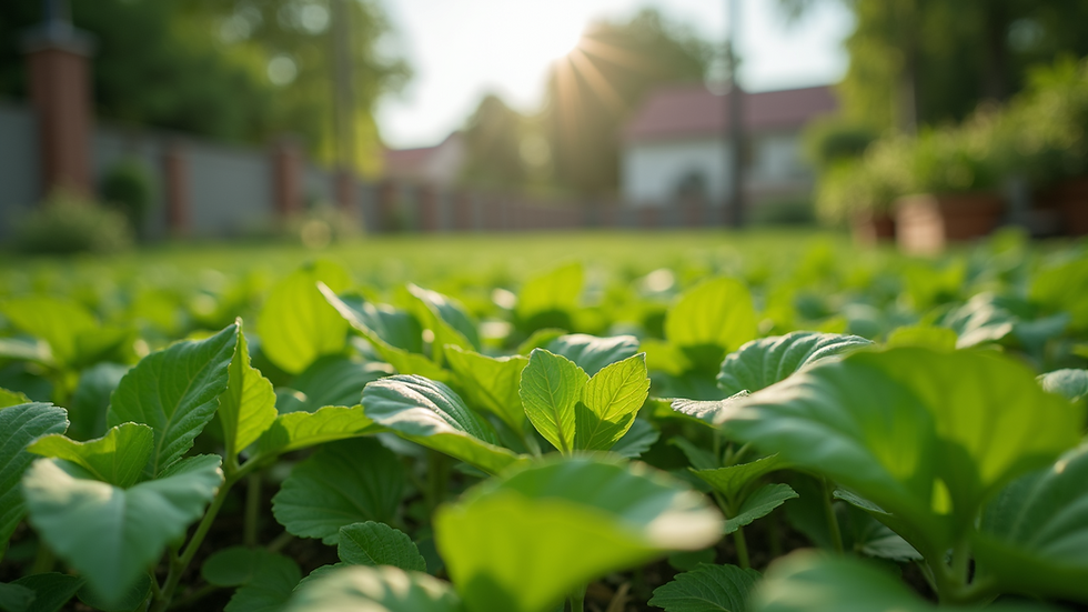 Eye-level view of a community garden with lush green plants