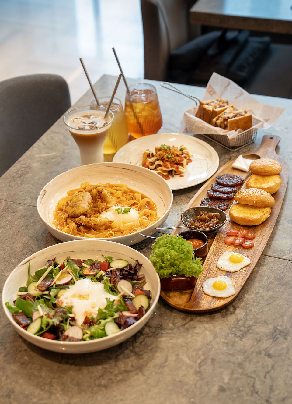 singapore cuisine, bakkwa infused food, salad, paste, starters, toasties, sliders, drinks