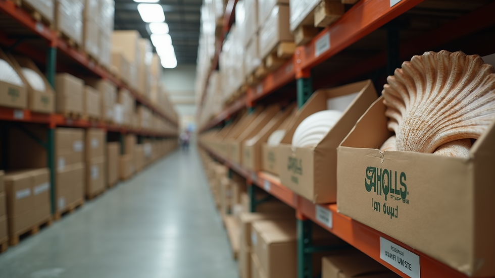 Eye-level view of a warehouse shelf stocked with boxes of craft seashells