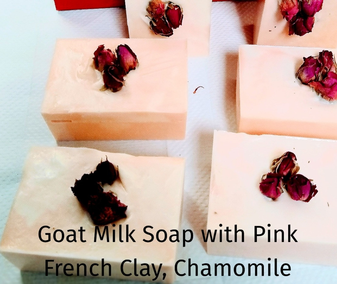 Goat Milk Soap with pink French clay, chamomile powder, rose quartz fra