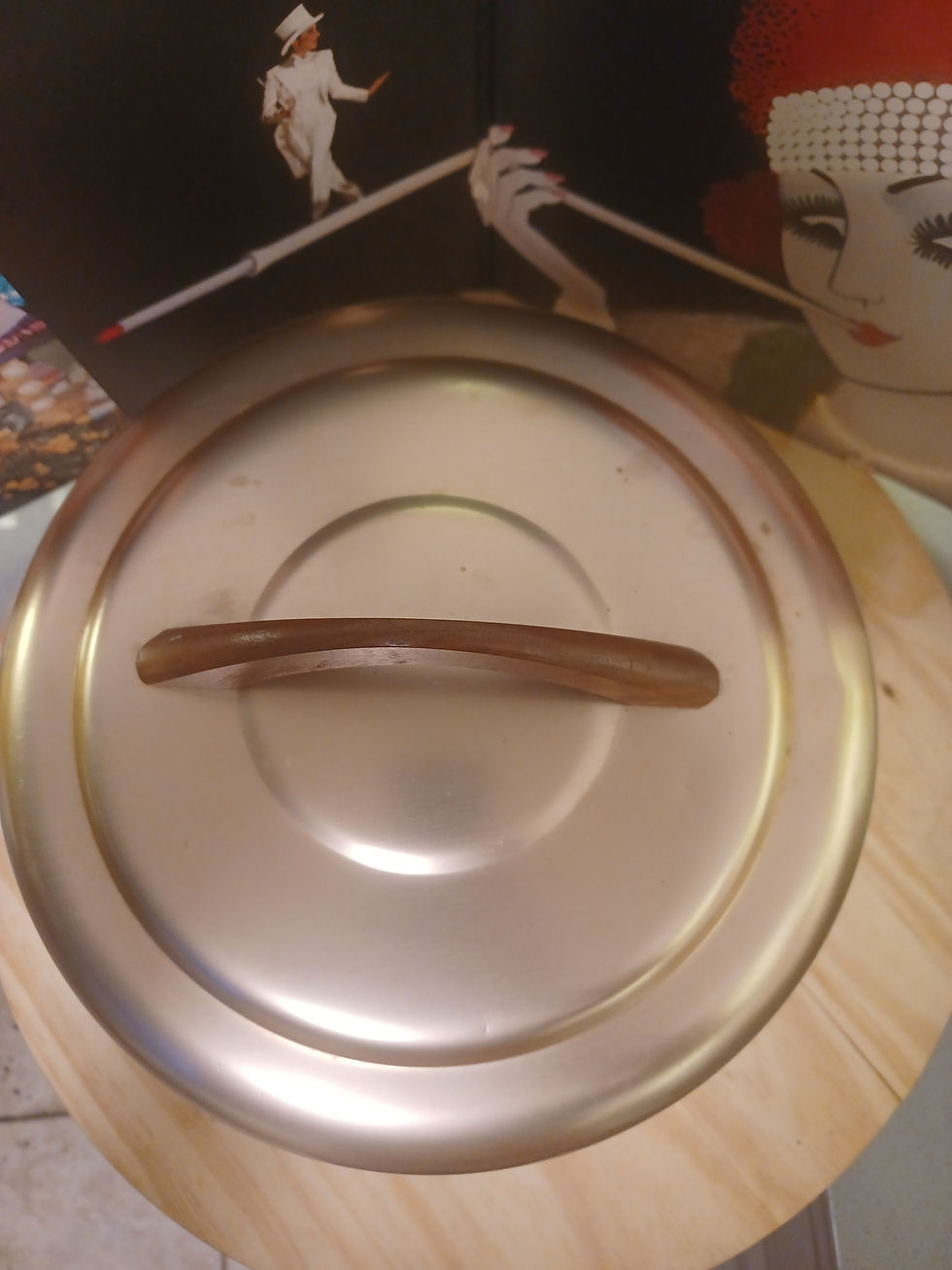 Thumbnail: Copper vintage cake holder with wood handle.cookie pie holder