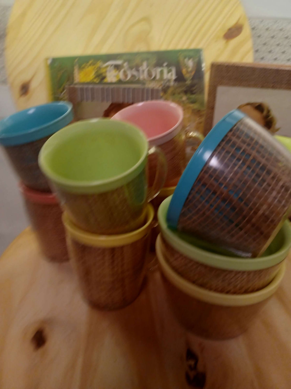 Thumbnail: Vintage Retro Serving bowls ,cups. Acrylic with rafia inner lining.60's
