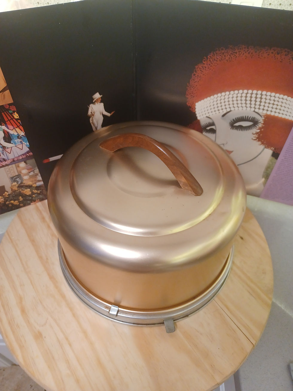 Thumbnail: Copper vintage cake holder with wood handle.cookie pie holder