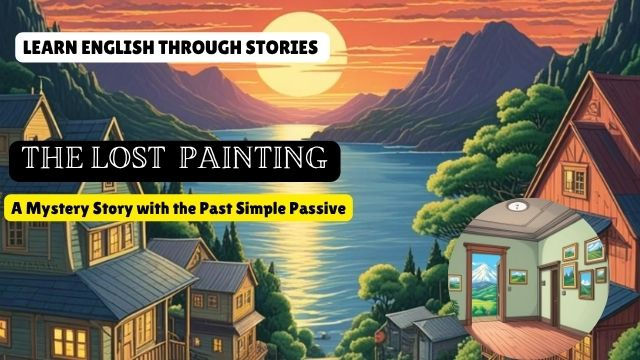 Sunset over a lake with mountains, cottages. Text: "Learn English Through Stories," "The Lost Painting," "A Mystery Story with the Past Simple Passive."