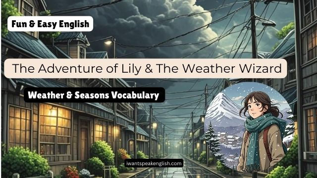 Street with cloudy sky, lined with buildings, and inset shows a woman in a scarf. Text: Fun & Easy English, Weather Vocabulary. Mood: adventurous.