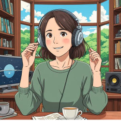 A woman listening on headphones