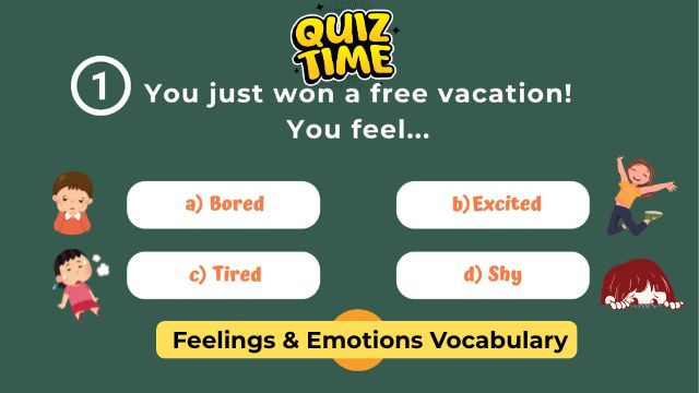 Quiz image with question "You just won a free vacation! You feel..." Options: a) Bored, b) Excited, c) Tired, d) Shy. Green background.