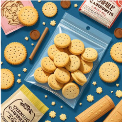 biscuits on a blue background. A ziplocked bag holds some biscuits. Colorful packaging surrounds the spread.
