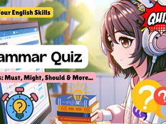 Anime girl wearing headphones takes a grammar quiz on a computer. Text: "Test Your English Skills," "Grammar Quiz," with colorful icons.