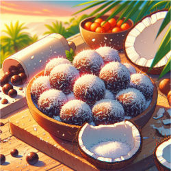 Coconut-covered chocolate balls in a wooden bowl on a sunny beach table, with palm leaves and vibrant fruits in the background.