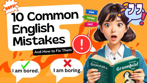 Girl surprised reading Grammar book. Text: "10 Common English Mistakes." Background: signs "Past," "Future," "Now."