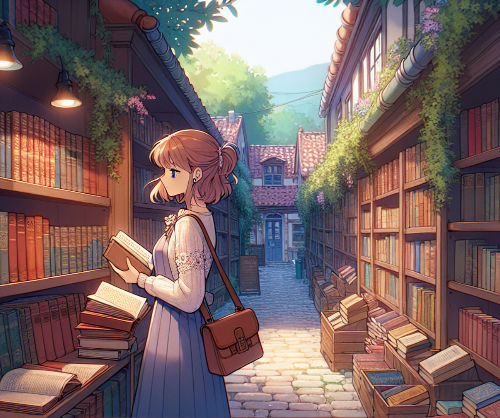 A quaint bookshop with shelves and flowers. Speech bubbles: "shake the feeling," "heart pounding," etc. A thoughtful girl with a sunset.