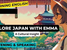 Anime character in glasses and hat gazes at a scenic Japanese temple. Text: "Explore Japan with Emma," "Learning English," "A Cultural Insight."