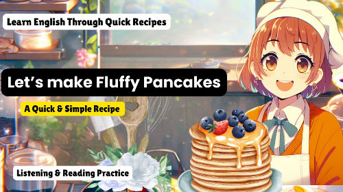 Smiling chef with fluffy pancakes, berries, and syrup. Background shows kitchen items. Text: "Let's make Fluffy Pancakes."