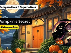 Halloween-themed scene with a cozy house, pumpkins, and a night sky. Text: "Learn Comparatives & Superlatives," "The Pumpkin’s Secret," "A Halloween Tale."