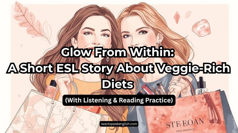 Two women holding shopping bags, smiling. Text reads "Glow From Within: A Short ESL Story About Veggie-Rich Diets." Floral background.