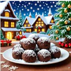 Plate of chocolate snowballs rolled in coconut in snowy village setting. Decorated Christmas tree and lit houses create a festive atmosphere.
