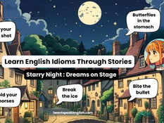 Poster of a moonlit village street with anime girl and speech bubbles: Give your best shot, Hold your horses, Break the ice, Bite the bullet.