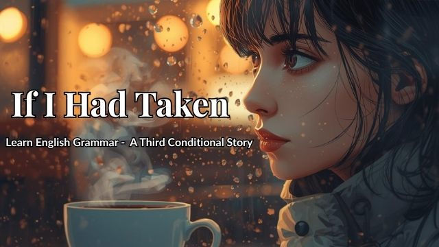 Woman gazes thoughtfully at coffee cup in cozy, warm-lit café. Text: "If I Had Taken: Learn English Grammar - A Third Conditional Story".