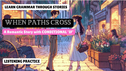 Man and woman hold hands in a flower-lined street. Text: "Learn Grammar Through Stories: When Paths Cross." Romantic and warm mood.