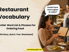 Restaurant Vocabulary poster showing a waiter and diner; speech bubble says Could I have have a glass of water?