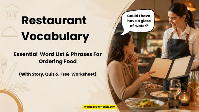 Restaurant Vocabulary poster showing a waiter and diner; speech bubble says Could I have have a glass of water?