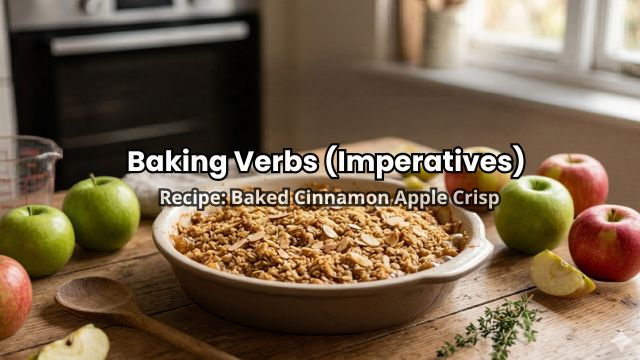 Baking scene with a bowl of apple crisp and apples on a wooden table. Text reads "Baking Verbs (Imperatives): Recipe: Baked Cinnamon Apple Crisp."