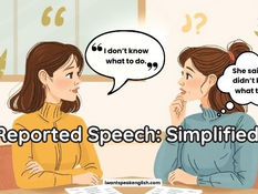 Two women talk at a table with speech bubbles: "I don’t know what to do" and "She said she didn’t know what to do." Text: "Reported Speech: Simplified."