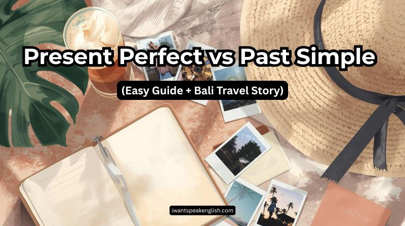 Travel-themed collage with text "Present Perfect vs Past Simple." Includes two women chatting at a café, photos, a straw hat, and tropical elements.
