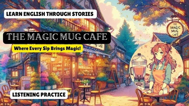 A cafe with warm lights, outdoor seating, and a woman in an apron holding a pot. Text: "Learn English," "The Magic Mug Cafe," "Listening Practice."