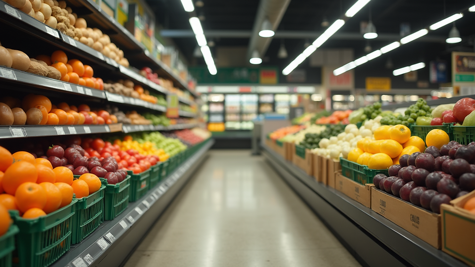 Eye-level view of a well-organized grocery aisle filled with fresh produce