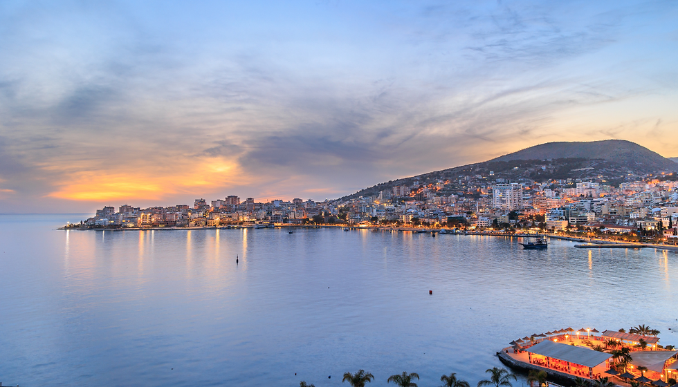 High angle view of Saranda port with taxis waiting