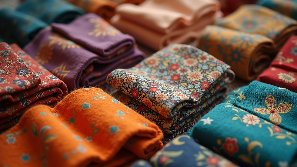 Close-up view of a beautifully arranged textile display featuring unique patterns and colors